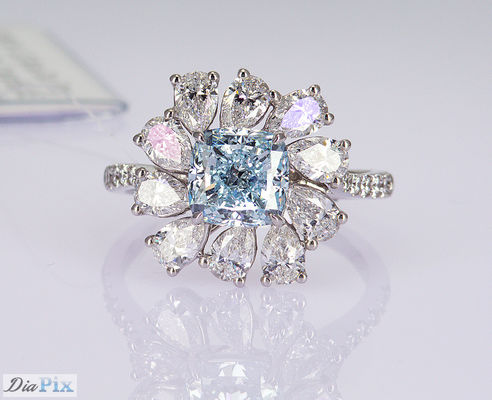 3.284ct 쿠션 컷 스카이 블루 CVD 합성 다이아몬드 반지 고급 18K 백금 세트